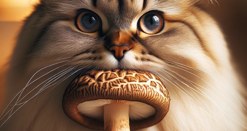 A curious cat holding a shiitake mushroom in its mouth