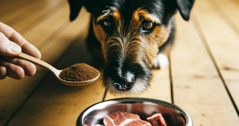 A dog is about to eat meat from a bowl with its owner holding a spoon of brown mushroom powder above the bowl.