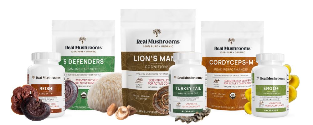 A variety of mushroom supplement products from the "real mushrooms" brand displayed in a line, featuring different types such as reishi, lion's mane, cordyceps, turkey tail, and.