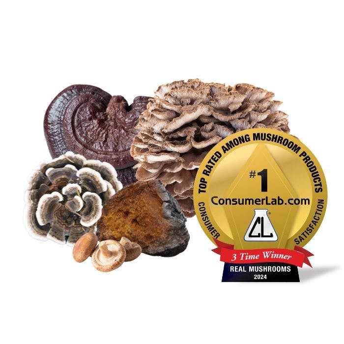 Assorted mushrooms in powder form with a badge indicating "#1 top rated among mushroom supplements by consumerlab, 3-time winner – real mushrooms.