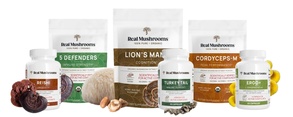 A variety of mushroom supplement products from the brand 