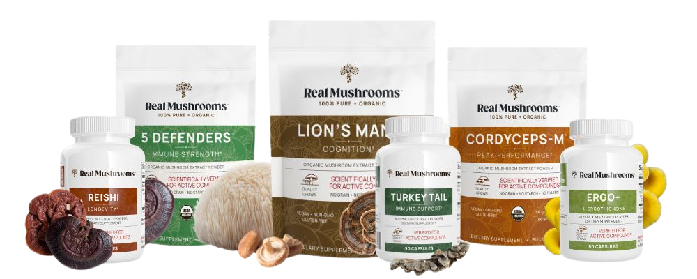 A variety of mushroom supplement products from the brand 