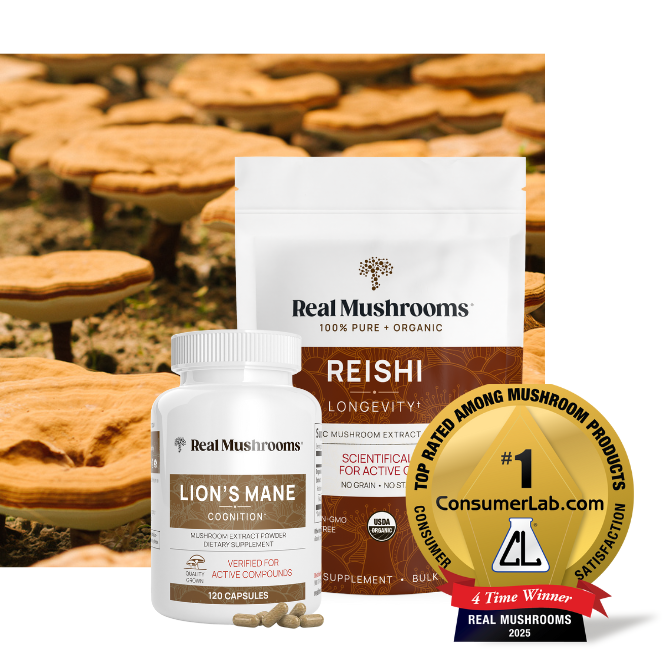 Bottles of Real Mushrooms Lion’s Mane capsules and Reishi powder are displayed in front of growing mushrooms, with a ConsumerLab award badge in the lower right corner.